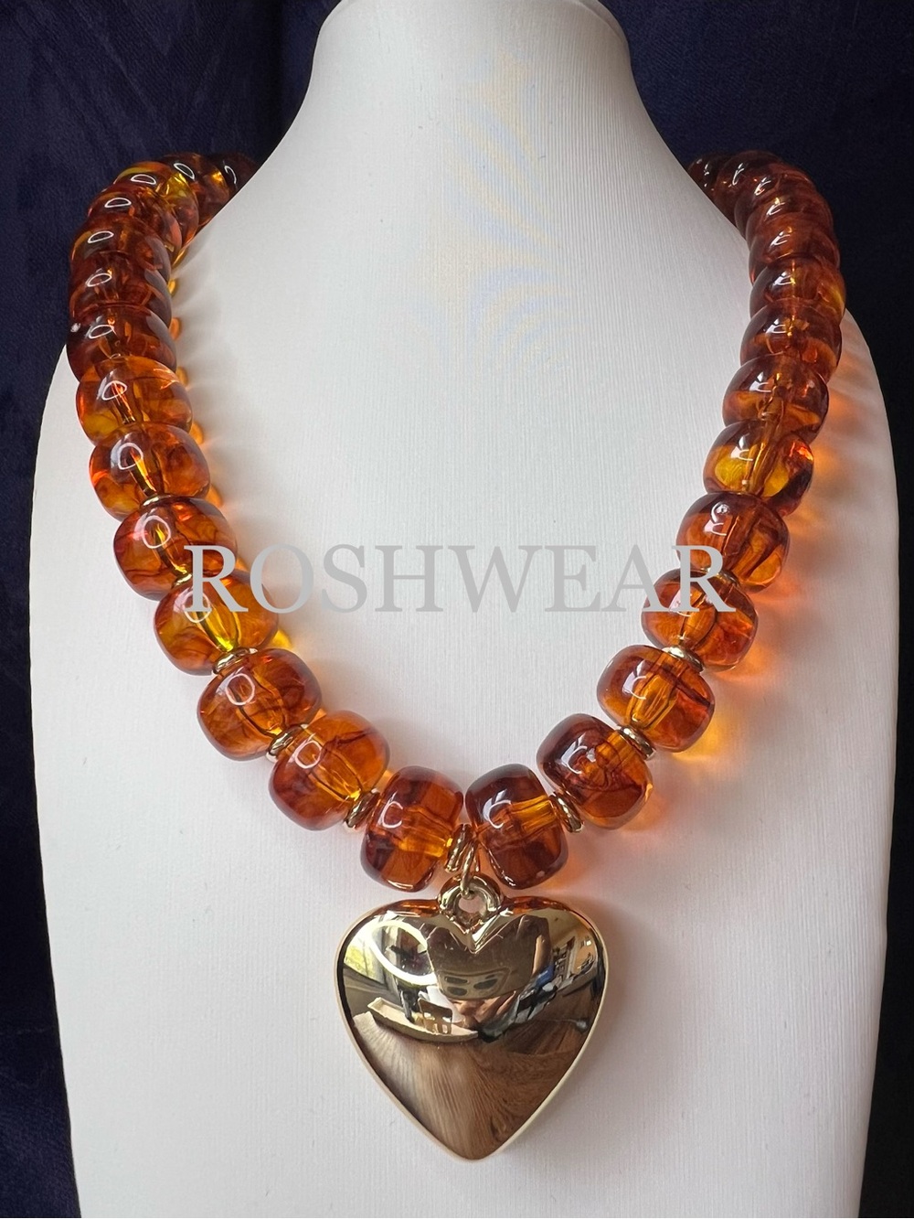 Amber Resin Bead Necklace with Gold Heart Pendant NWOT